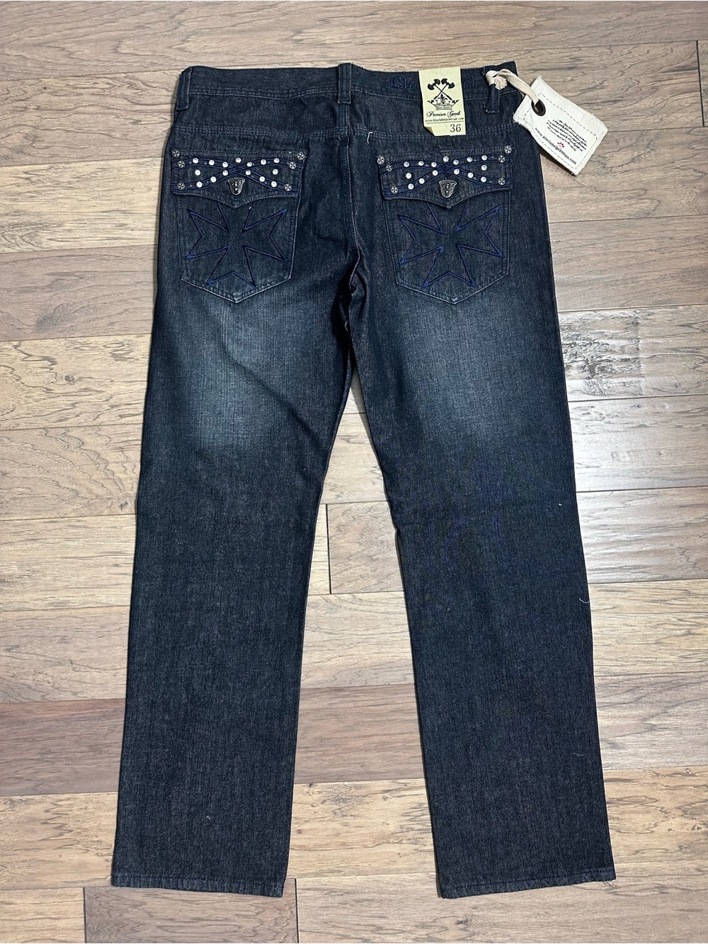Black Label Men's Dark Blue Straight Jeans with Studded Back Pockets